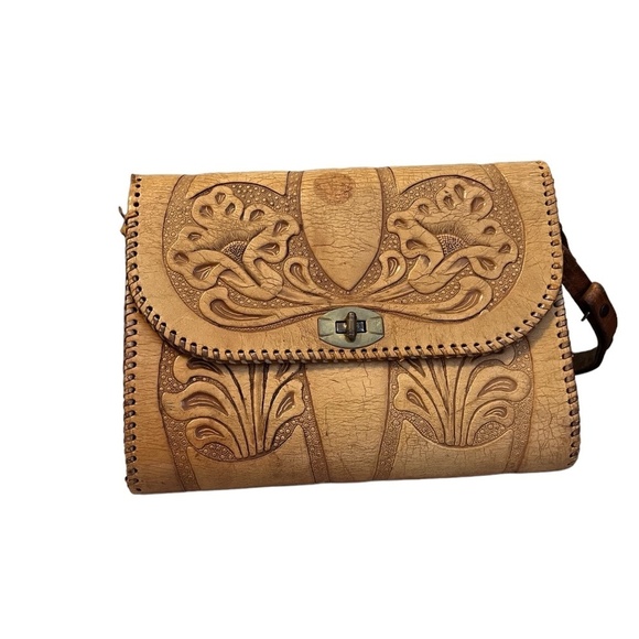 Vintage Hand Tooled Brown Leather Purse Adjustable Wide Strap Handbag - Picture 1 of 15